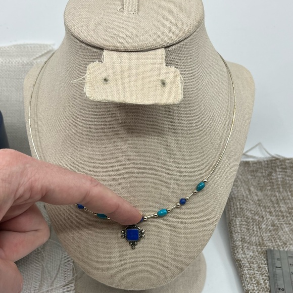 Vintage Southwestern Flexible Sterling Silver Necklace with Lapis & Turquoise - Picture 10 of 15